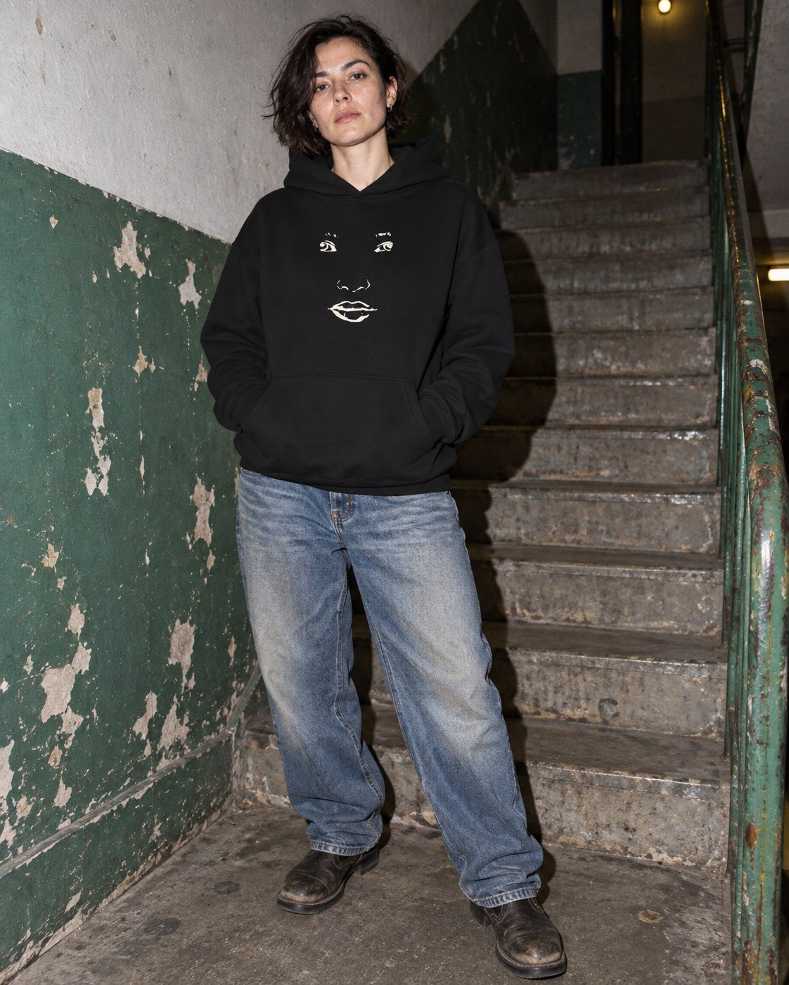 Lines by Pablo original drawing on clothing in an after-hours editorial
