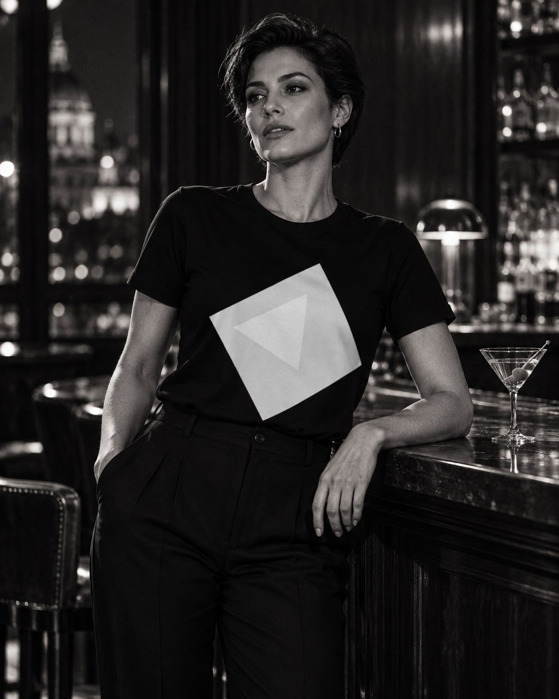 Minimal Monthly graphic tee in a cinematic black-and-white fashion editorial
