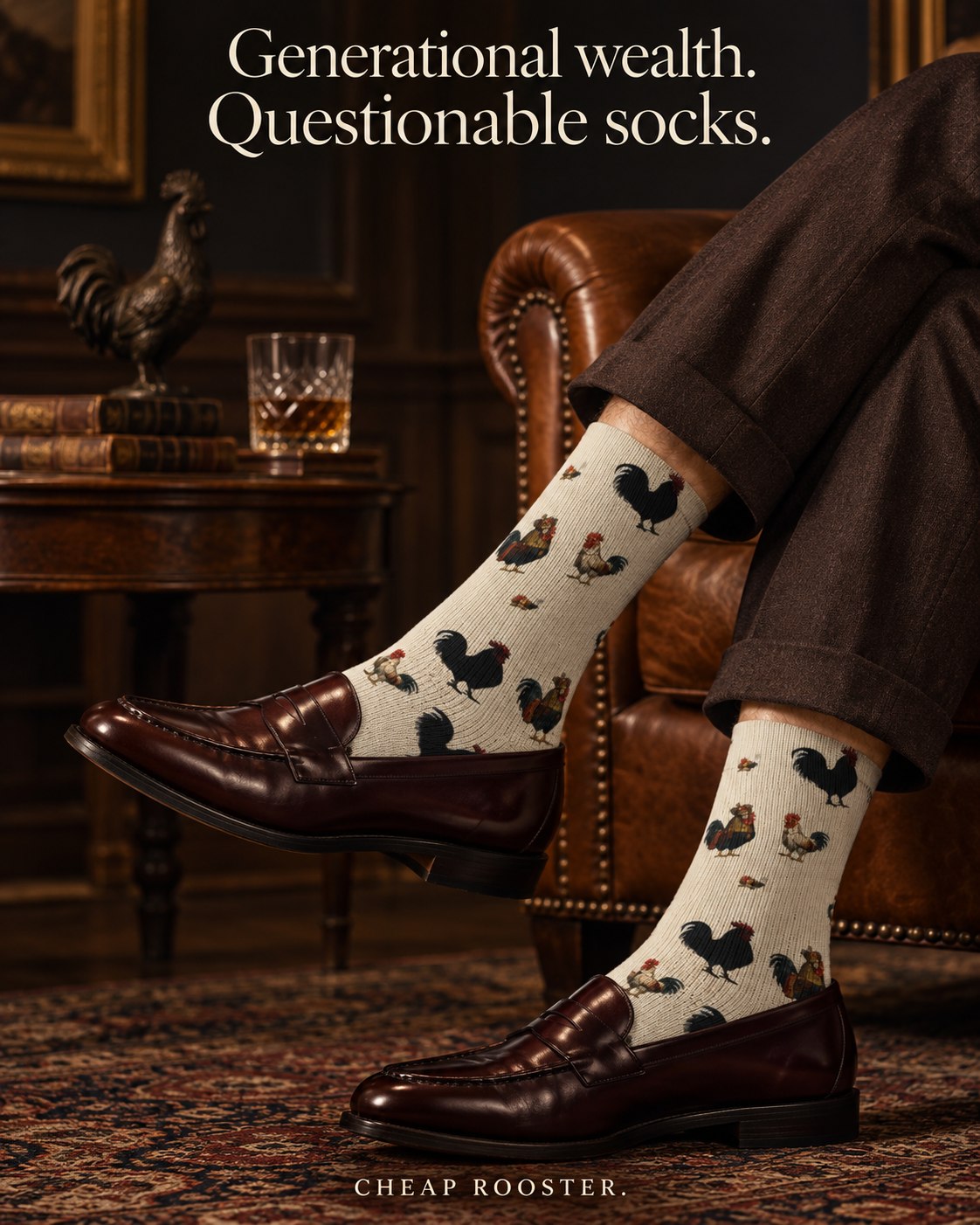 Cheap Rooster socks presented in an extravagantly styled product campaign